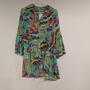 BNWT Sunny Leigh Trp Daydrm Floral Pleated Blouse Mint Green Blue Orange Size 2X